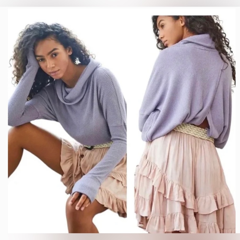 Free People Juicy Ribbed Cowl-Neck Top in Purple Smoke Size XS
